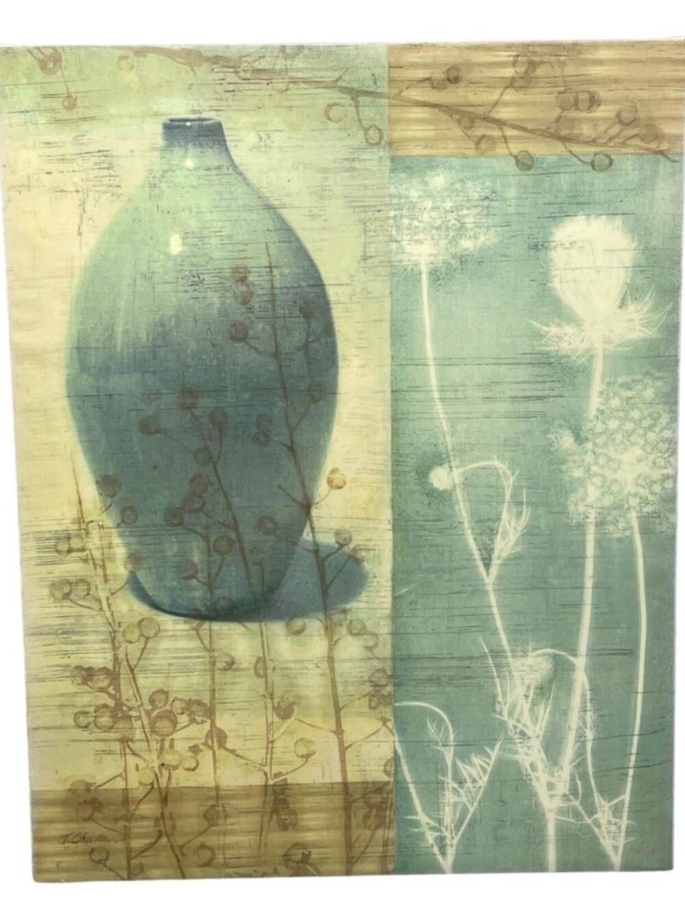 canvas print floral vase blue brown home decor wire hanger signed READ